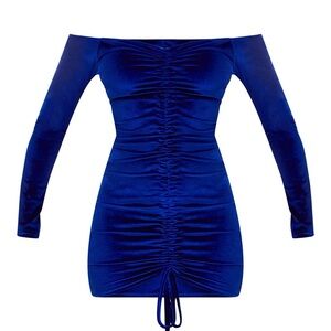 BLUE VELVET BARDOT LONG SLEEVE RUCHED BODYCON DRESS